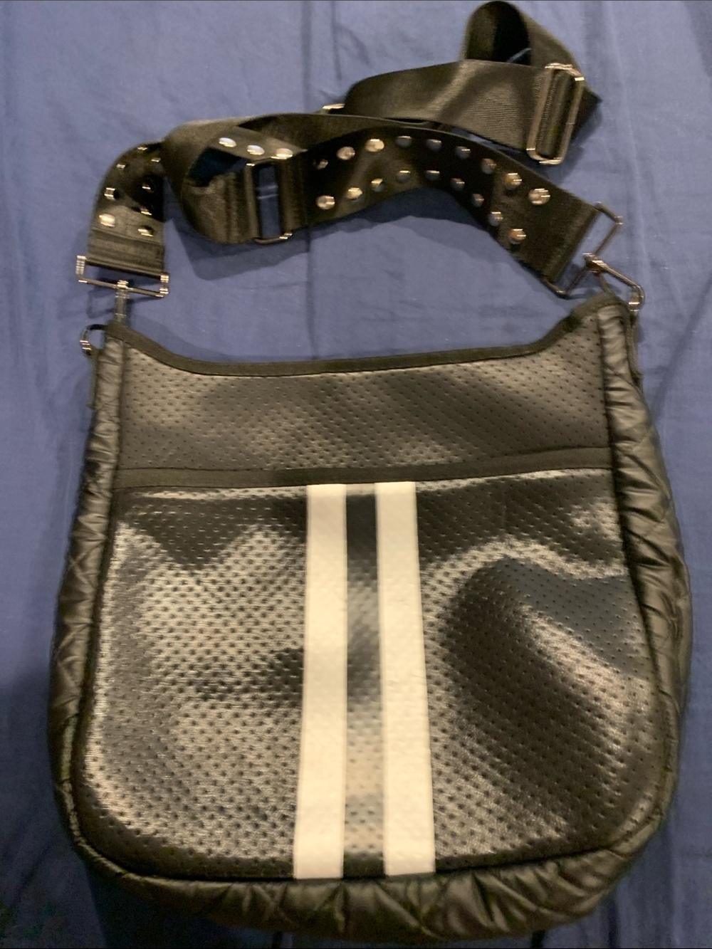 Black Crossbody Messenger Bag with White Racing Stripes